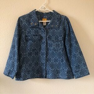 Ruby Rd. Blue Tribal Print cropped sleeves Denim Jean Jacket Women Size 14
